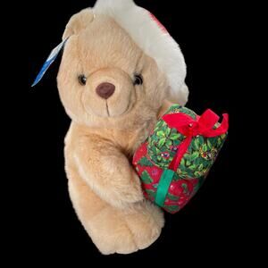 Vintage 1990's Christmas Bear Plush Santa Hat w/ Gifts Stuffed Animal Toy TAGS